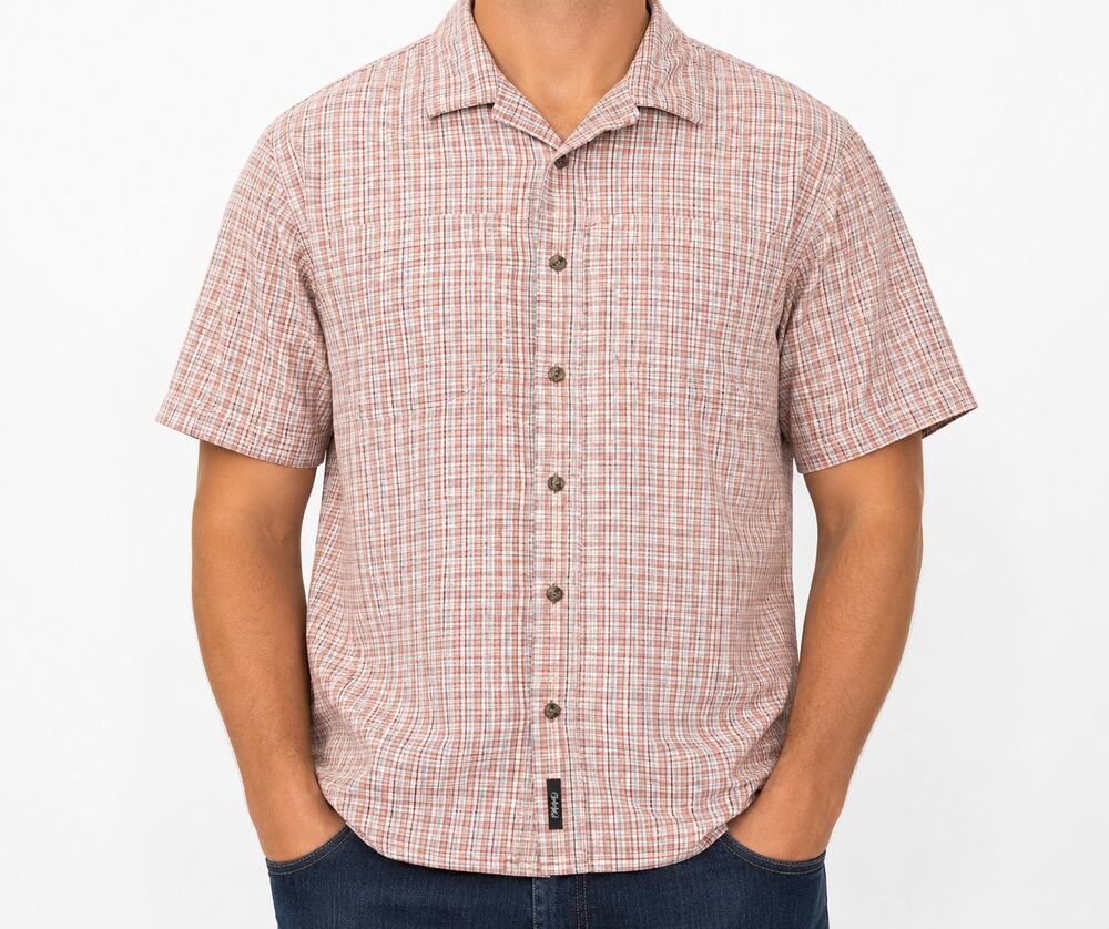 Cabelas Shirt Mens Large Orange White Coolmax Seersucker Zip Pocket UPF 30